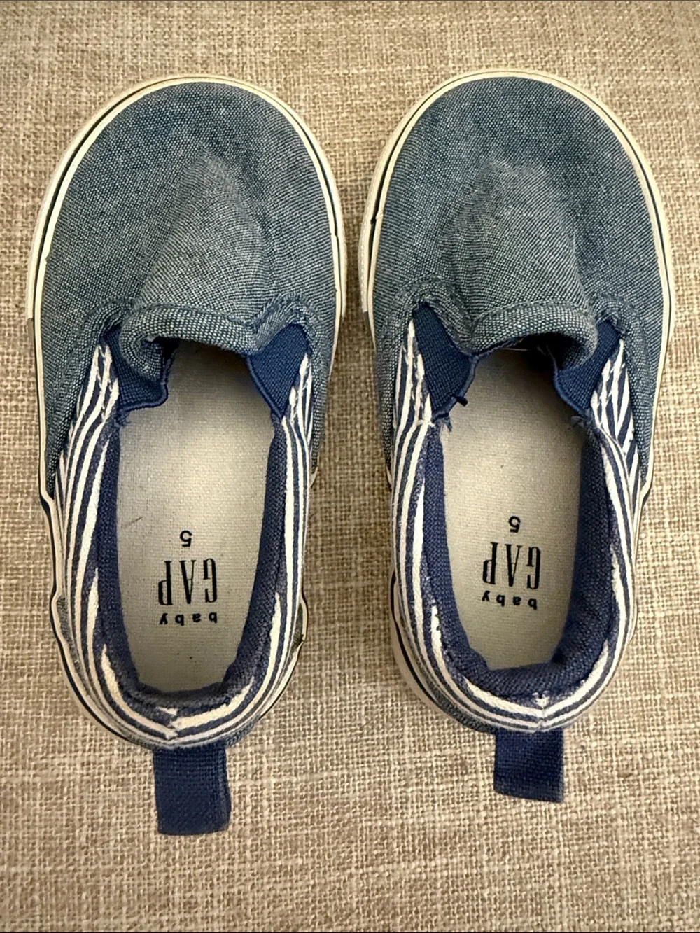 GAP Kids Denim Blue Slip-On Sneakers with Navy Striped Heel